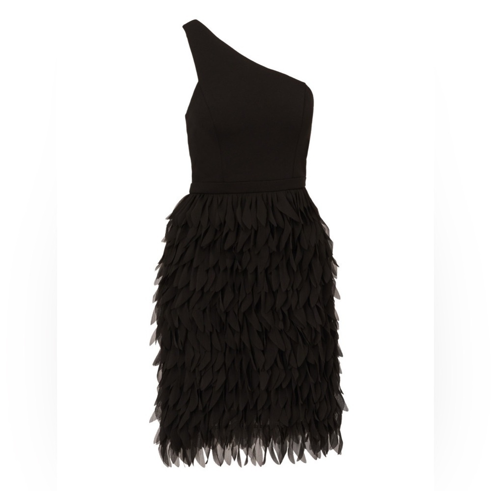NWT Adrianna Papell Black Chiffon Feather Cocktail Dress One Shoulder Sz 6 - Picture 3 of 14
